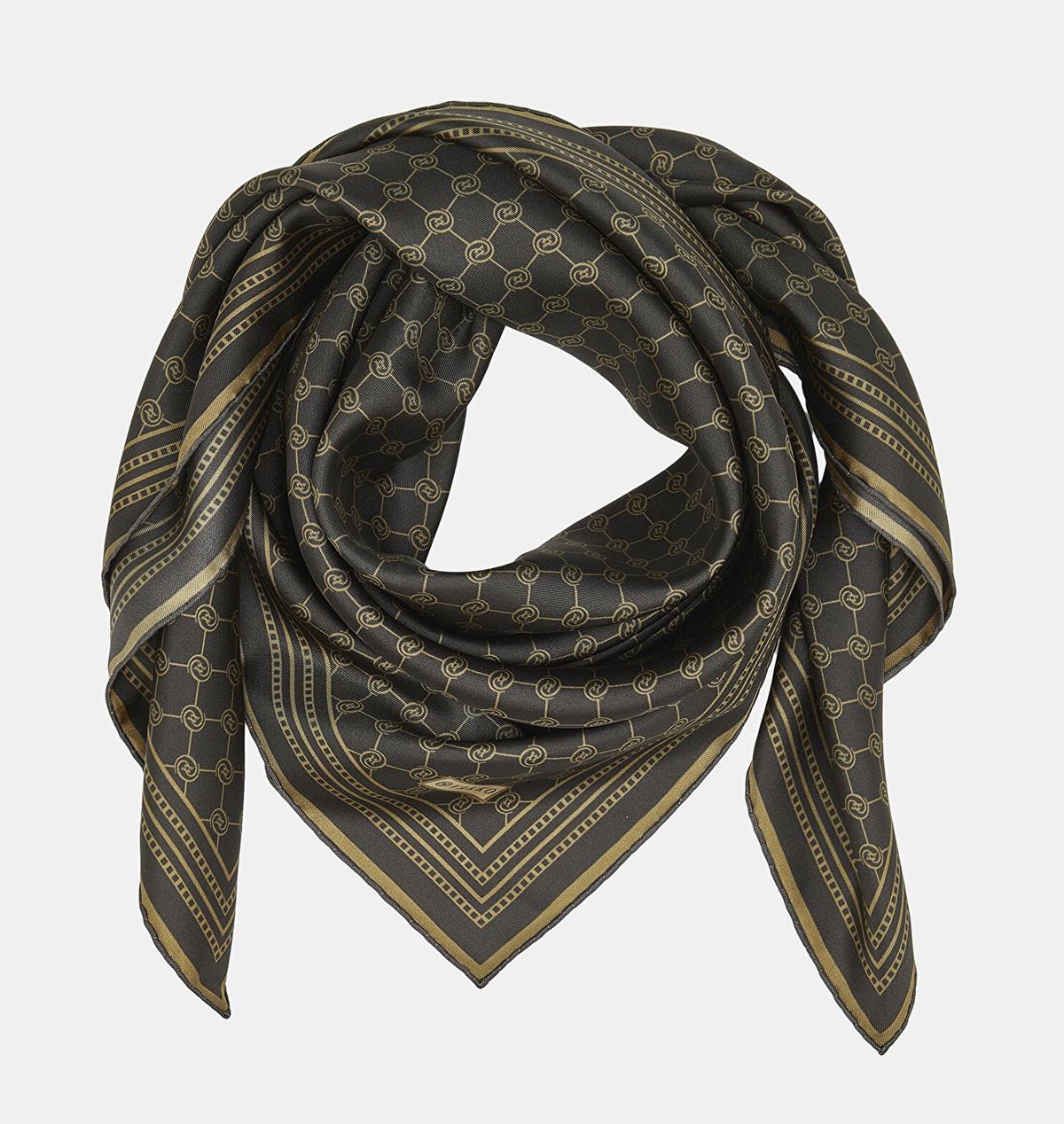 Vakko Tivil İpek Monogram Eşarp 37144-Koyu Kahve Camel