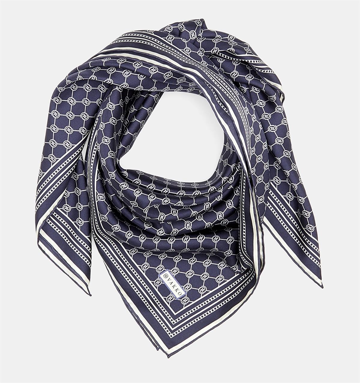 Vakko Tivil İpek Monogram Eşarp 37144-Lacivert Ekru