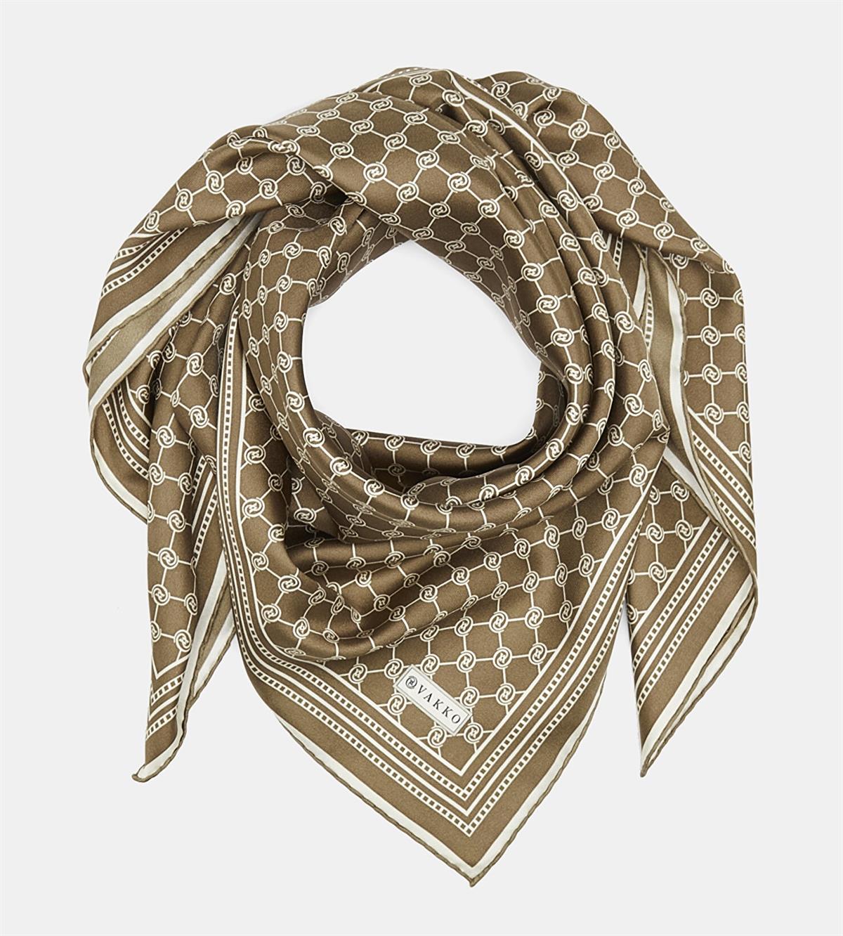 Vakko Tivil İpek Monogram Eşarp 37144-Açık Kahve Ekru