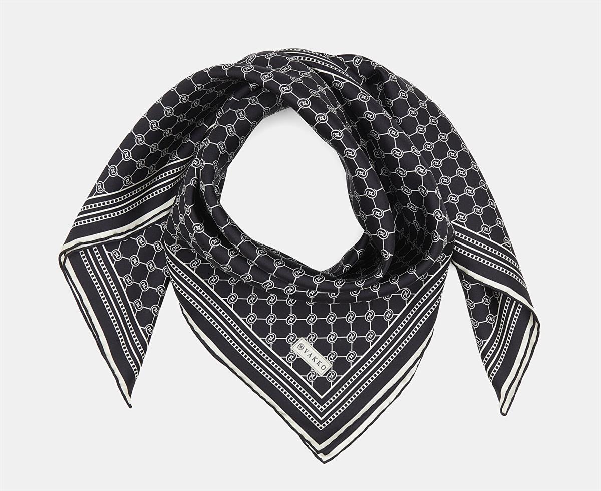 Vakko Tivil İpek Monogram Eşarp 37144-Siyah Ekru