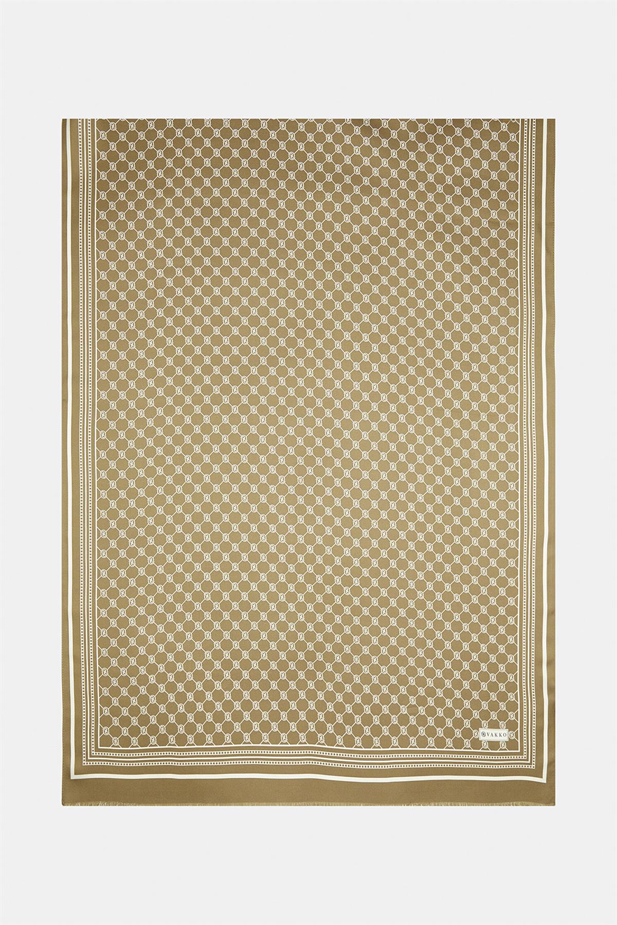 Vakko Tivil İpek Monogram Şal 37307-Açık Kahve Ekru