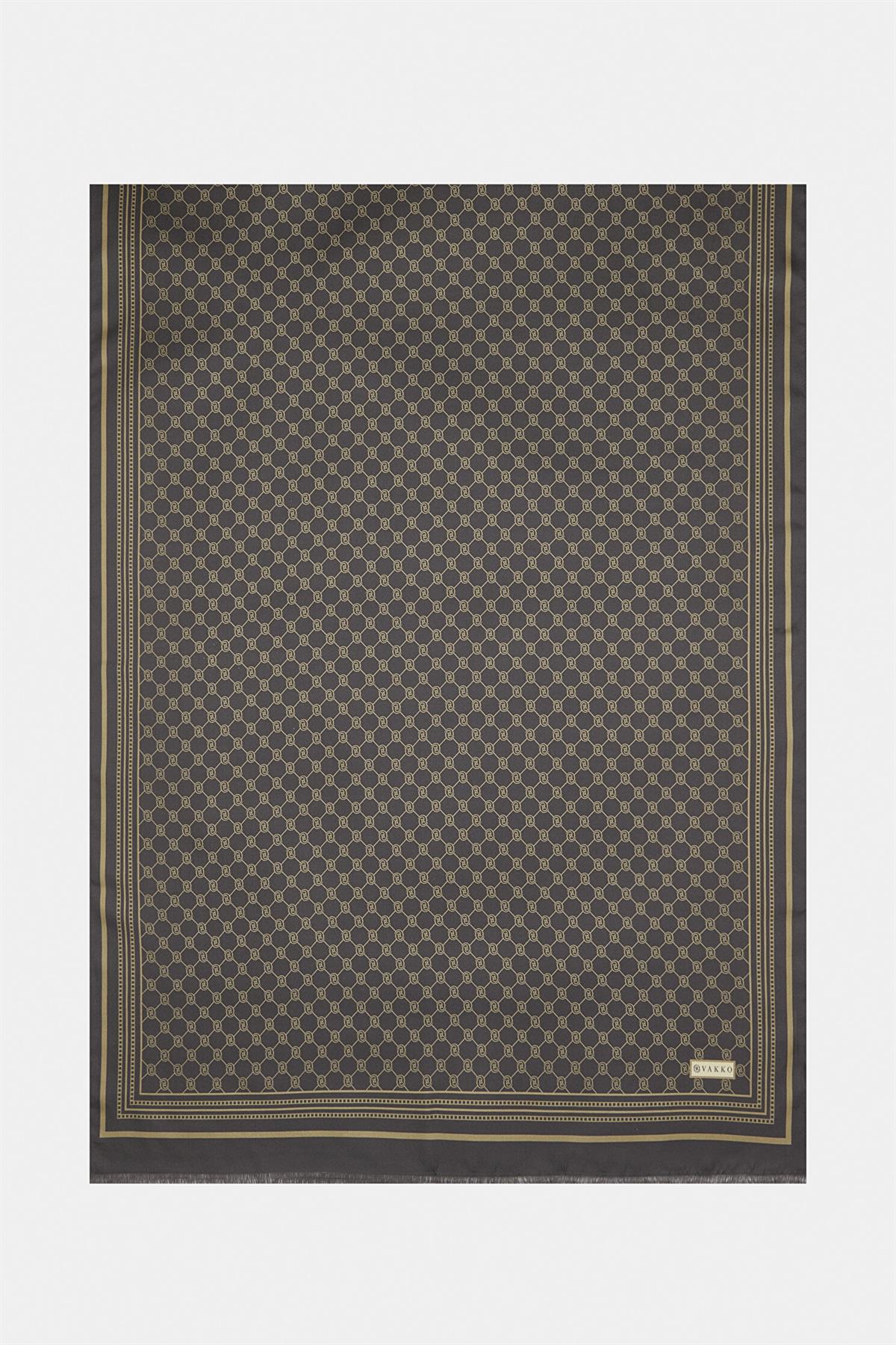 Vakko Tivil İpek Monogram Şal 37307-Koyu Kahve Camel