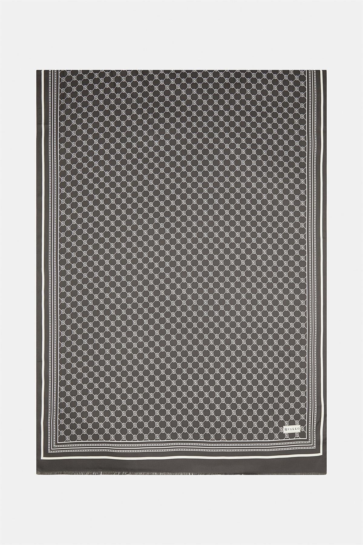 Vakko Tivil İpek Monogram Şal 37307-Koyu Kahve Ekru