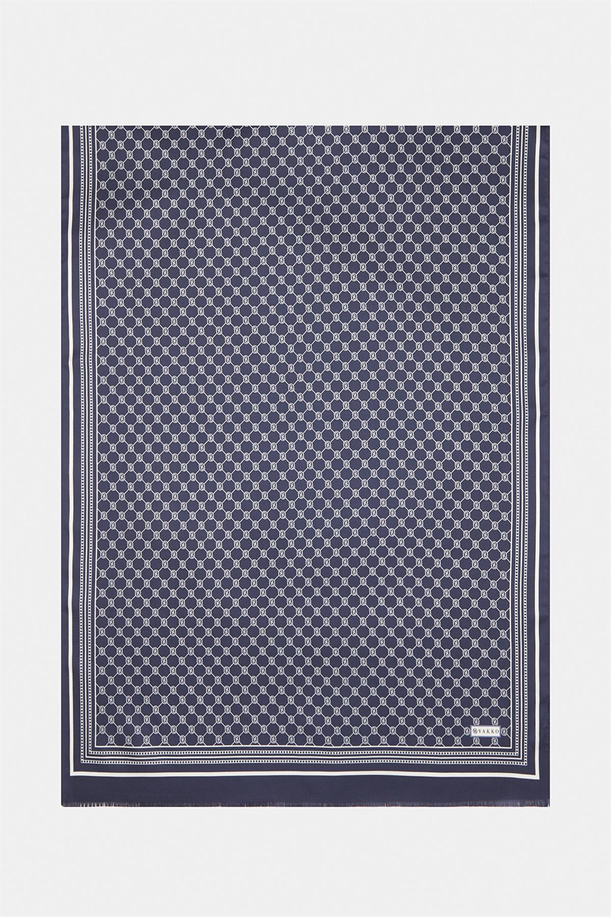Vakko Tivil İpek Monogram Şal 37307-Lacivert Ekru