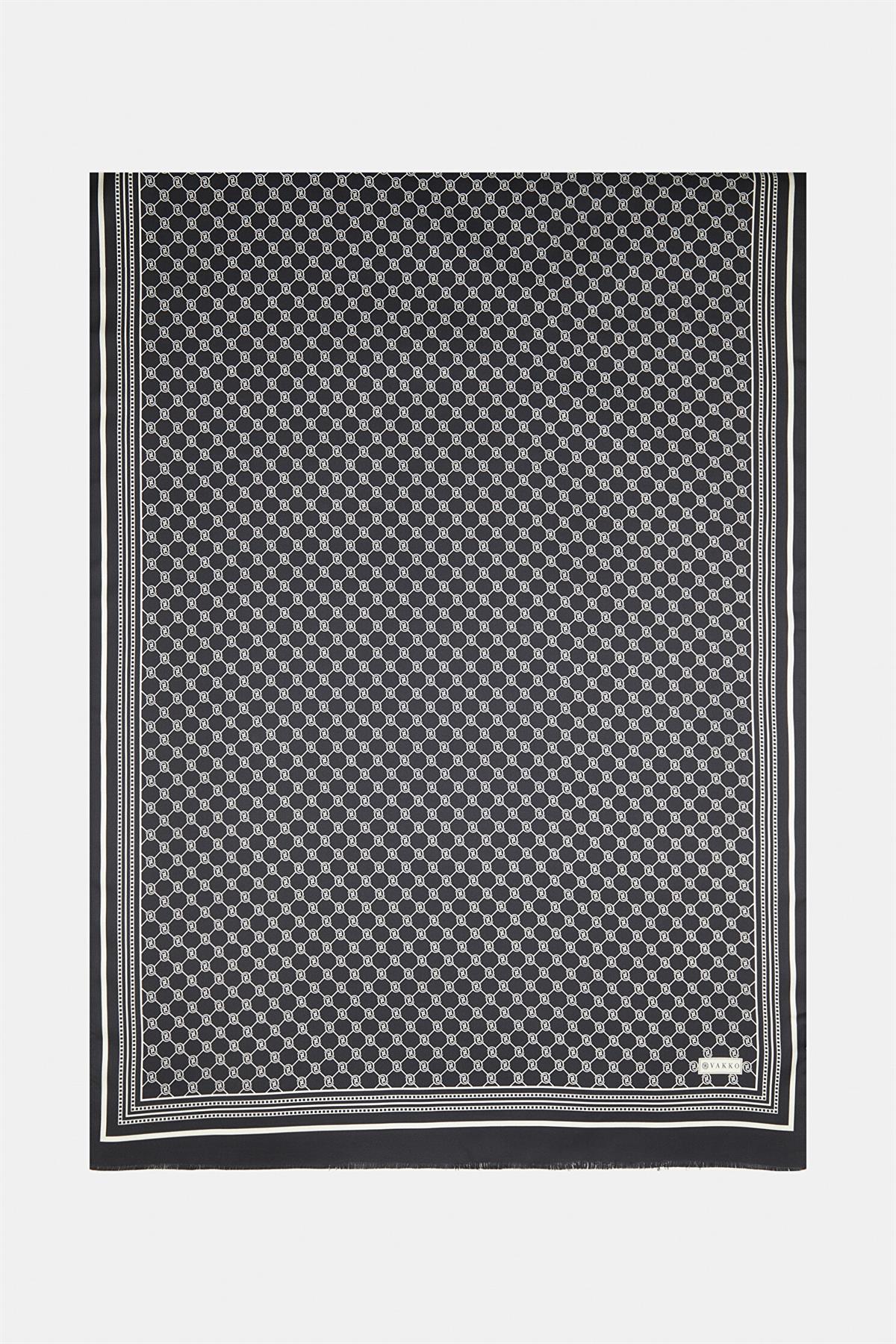 Vakko Tivil İpek Monogram Şal 37307-Siyah Ekru