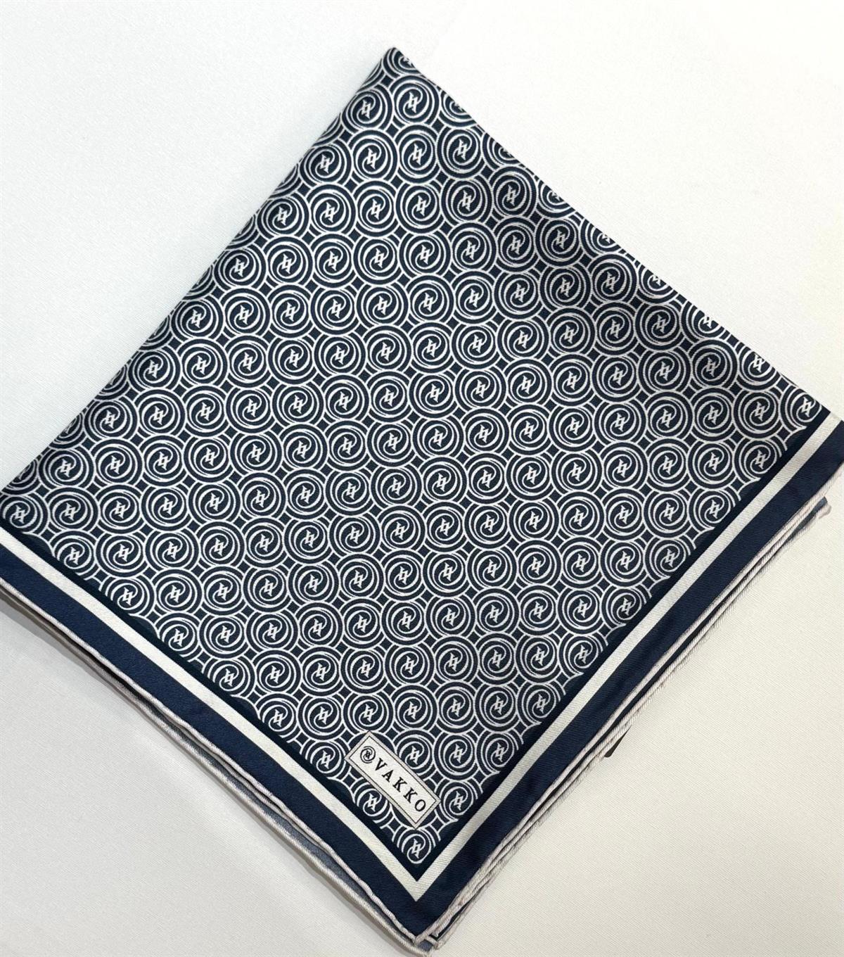 Vakko Tivil Monogram İpek Eşarp 41408-Lacivert Ekru