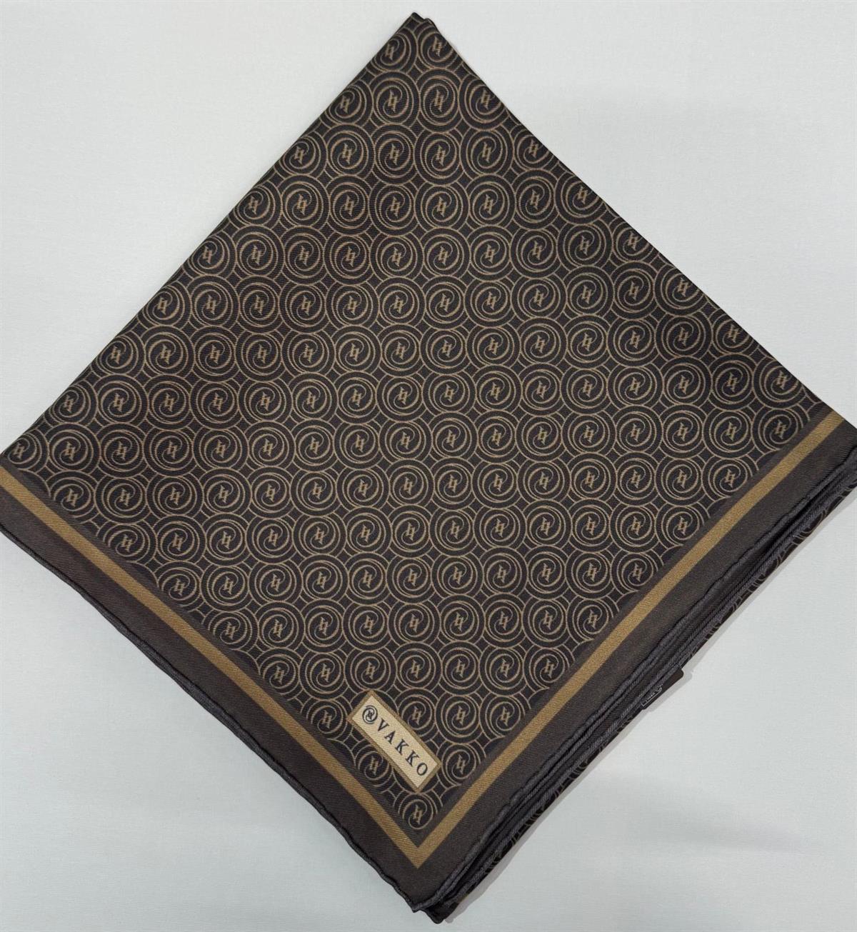 Vakko Tivil Monogram İpek Eşarp 41408-Koyu Kahve Camel