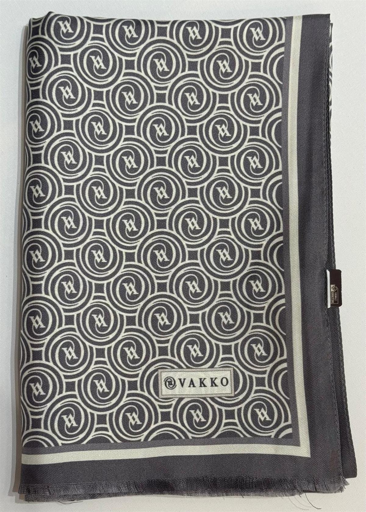Vakko Tivil Monogram İpek Şal 41407-Gri Ekru