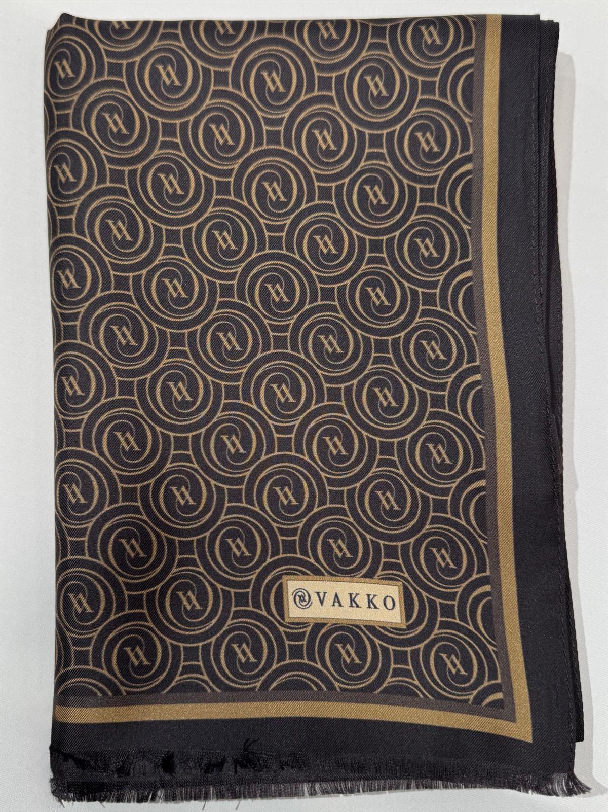Vakko Tivil Monogram İpek Şal 41407-Koyu Kahve Camel