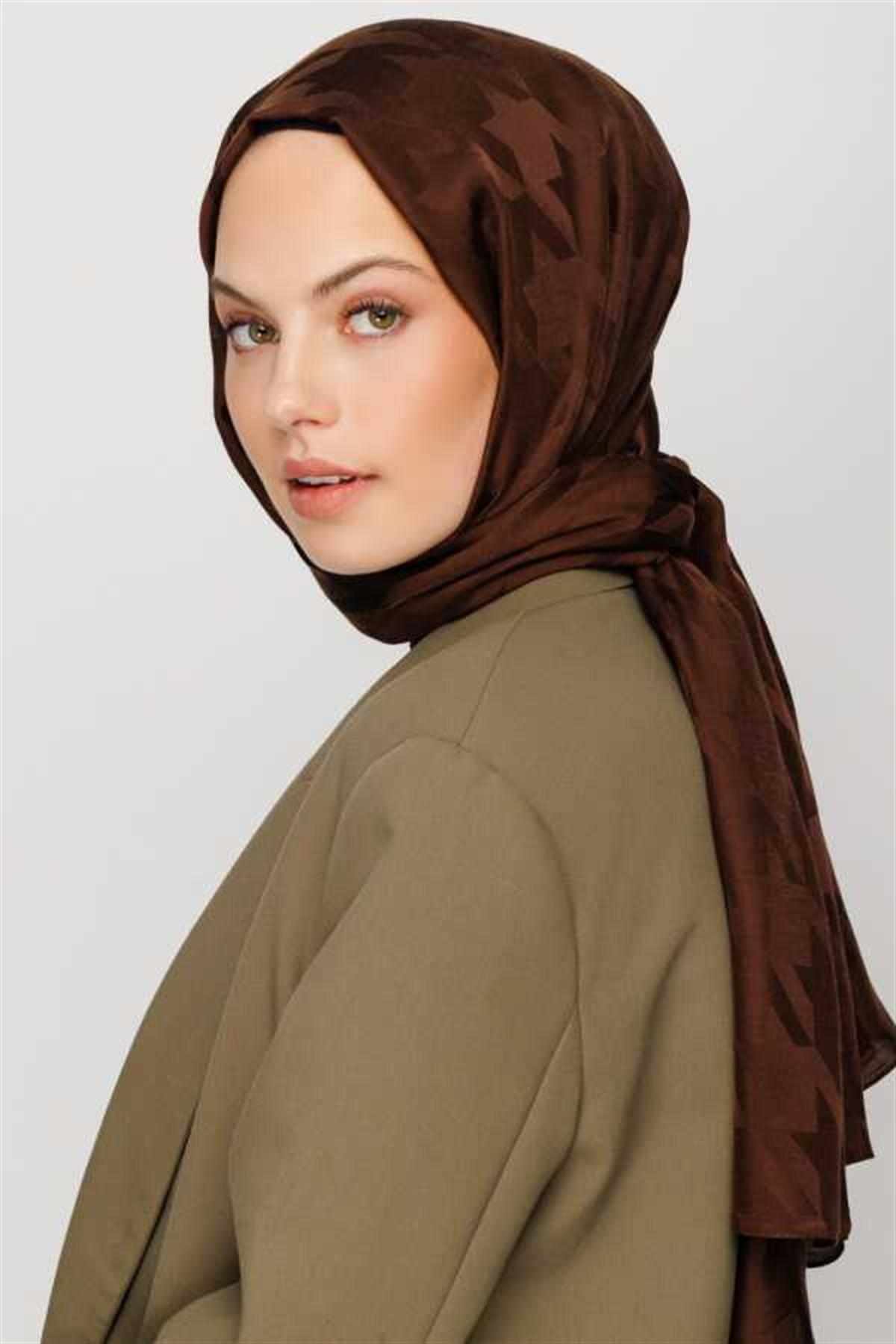 Valor Scarf  Kazayağı Desenli İpeksi Jakarlı Şal 06112024-Acı Kahve