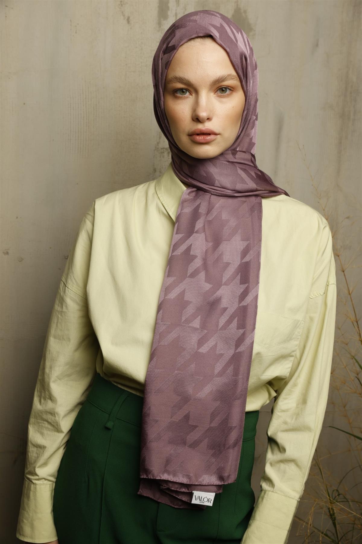 Valor Scarf  Kazayağı Desenli İpeksi Jakarlı Şal 06112024-Tozlu Eflatun