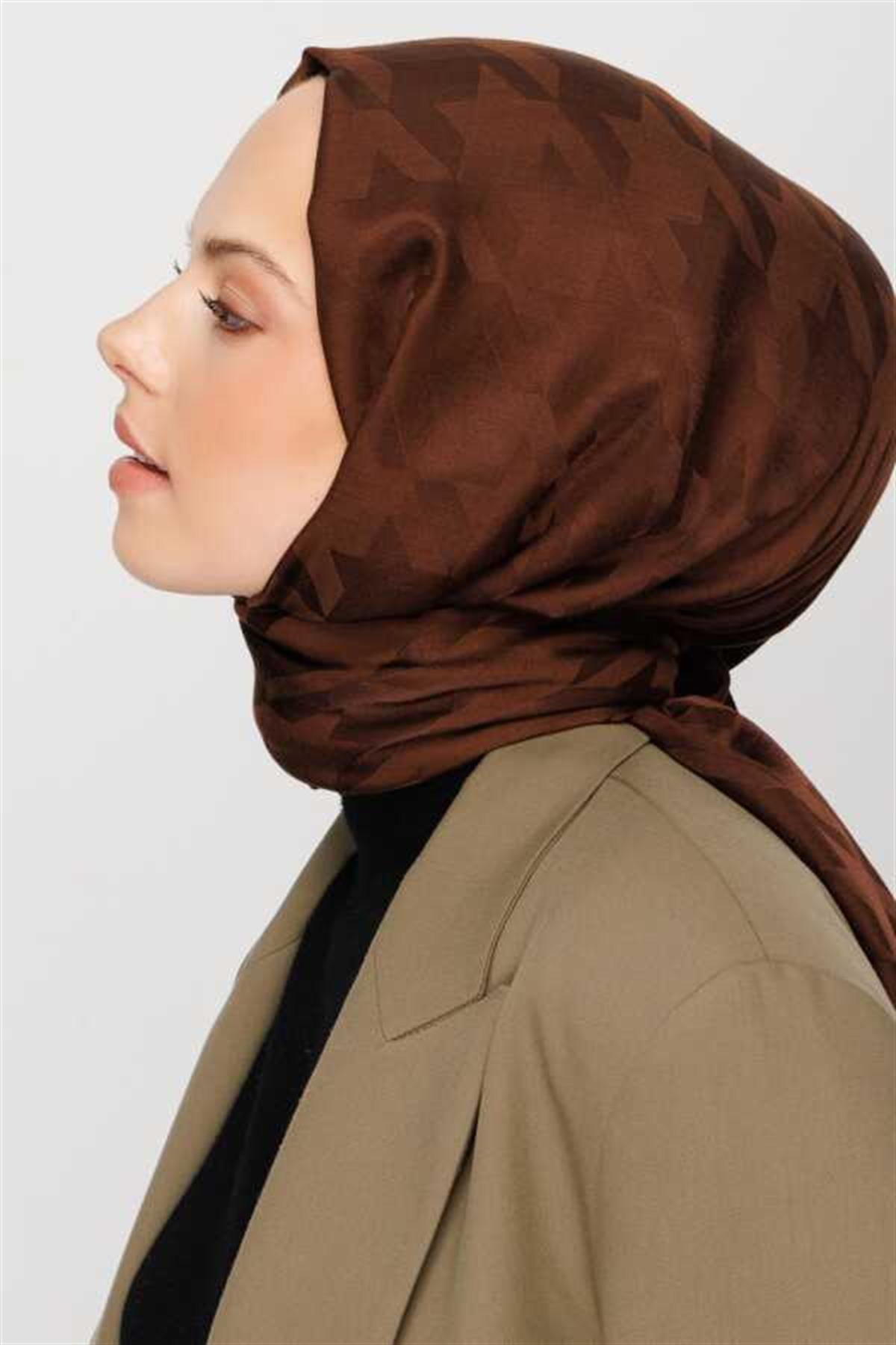 Valor Scarf  Kazayağı Desenli İpeksi Jakarlı Şal 06112024-Acı Kahve