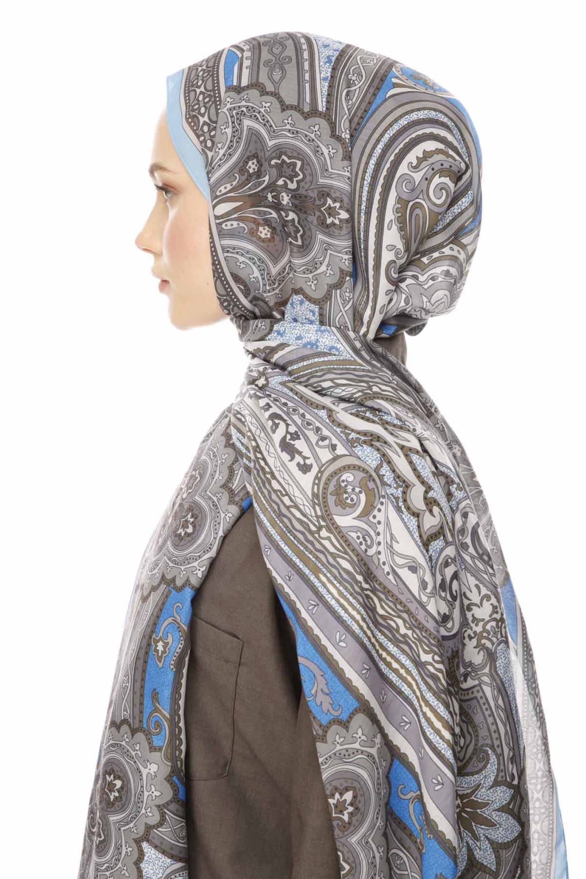 Valor Scarf Vintage Breeze Retro Desen Şal 2524-Buz Mavi