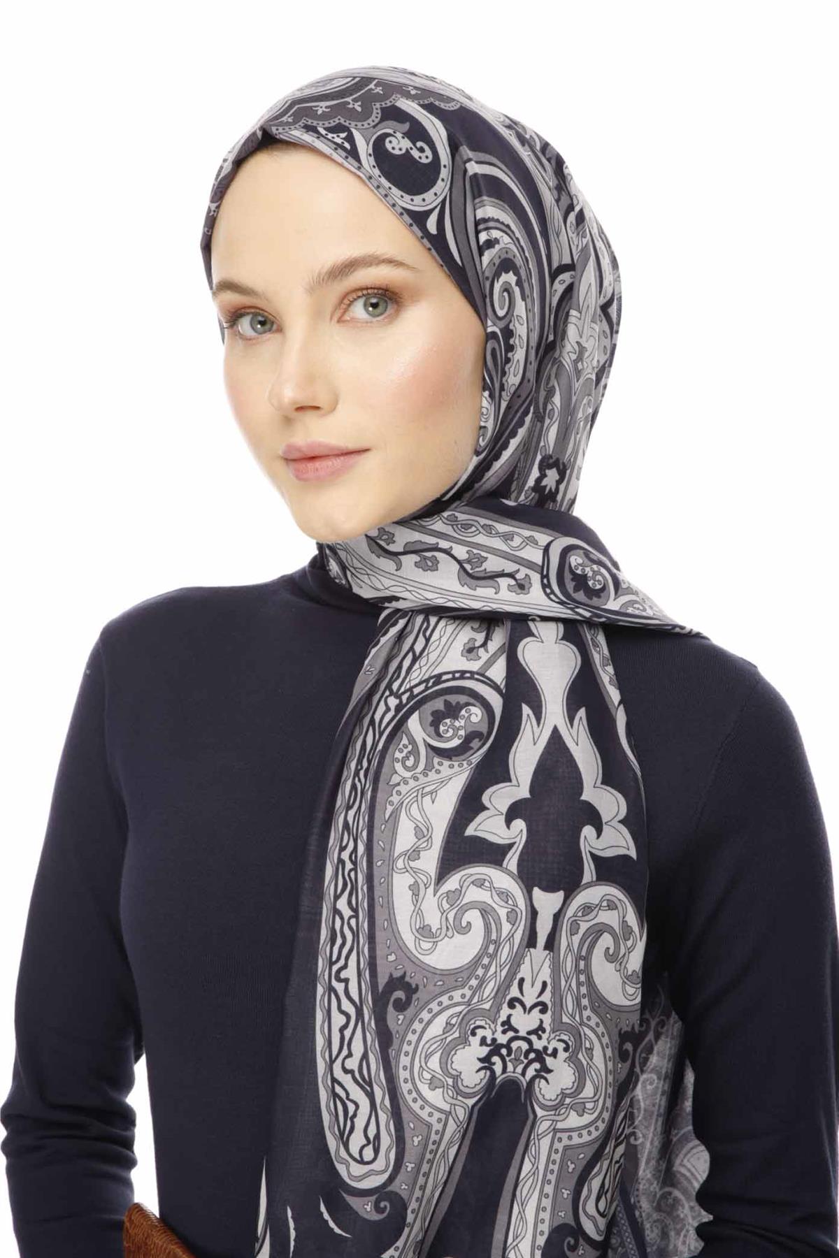 Valor Scarf Vintage Breeze Retro Desen Şal 2524-Lacivert