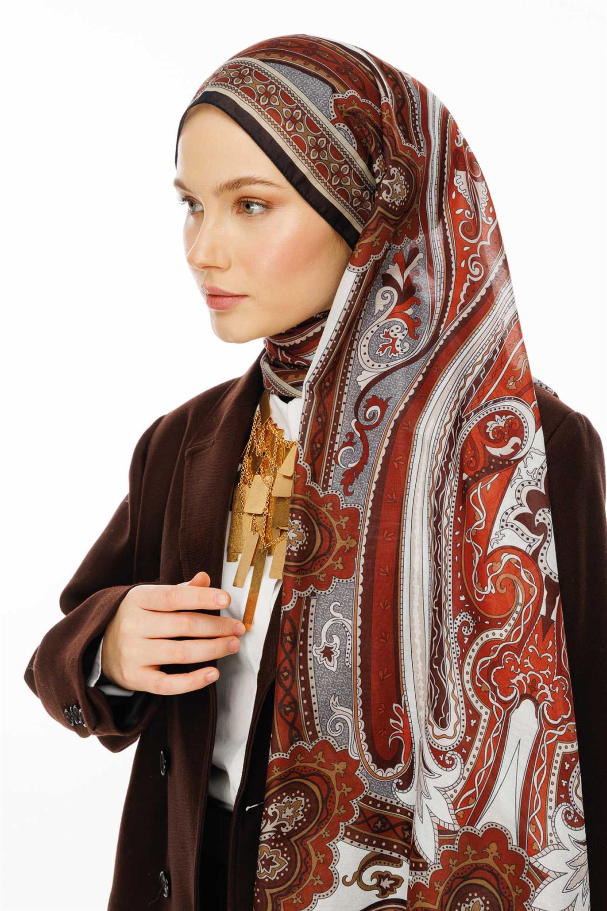 Valor Scarf Vintage Breeze Retro Desen Şal 2524-Altın Kahve