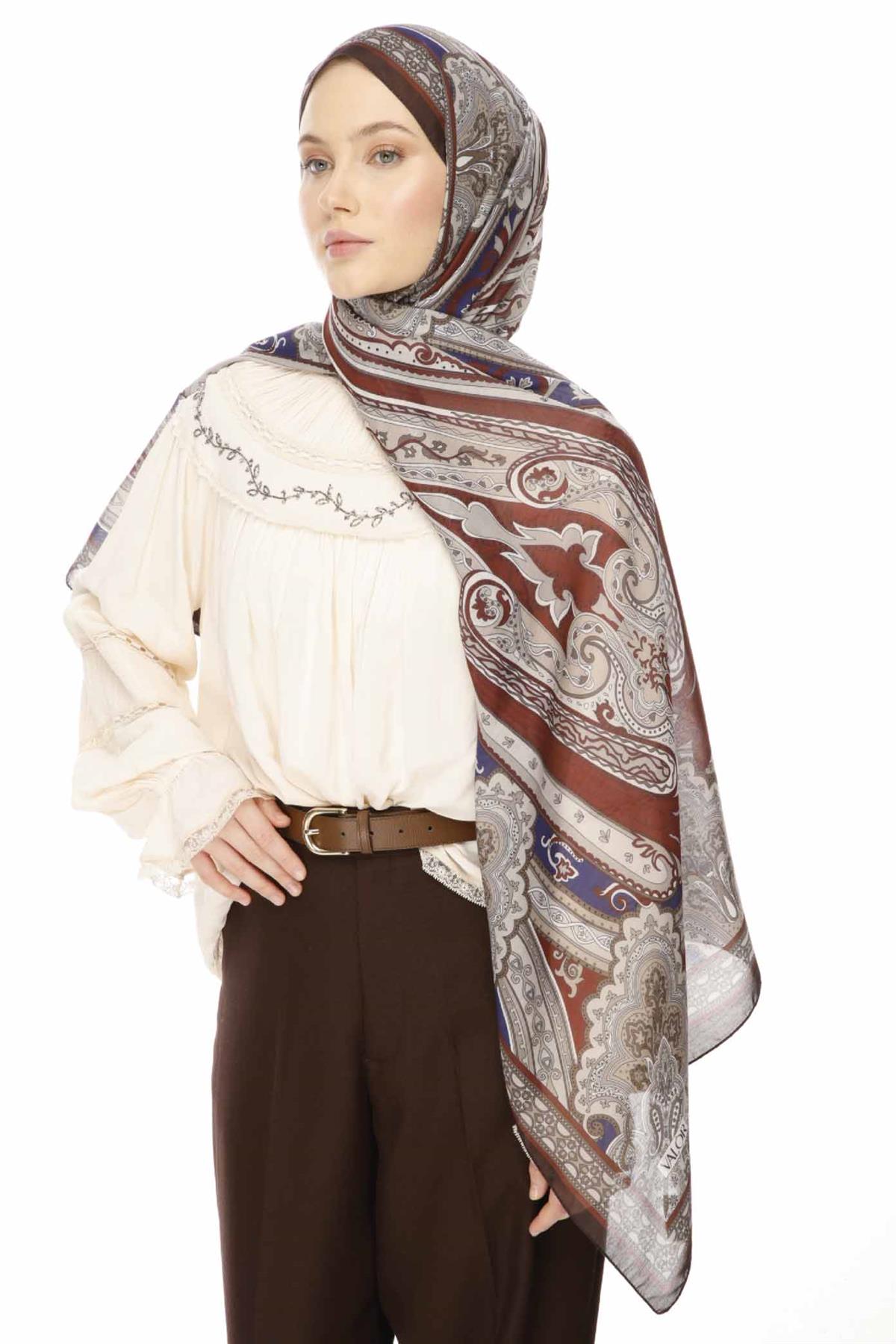 Valor Scarf Vintage Breeze Retro Desen Şal 2524-Bitter