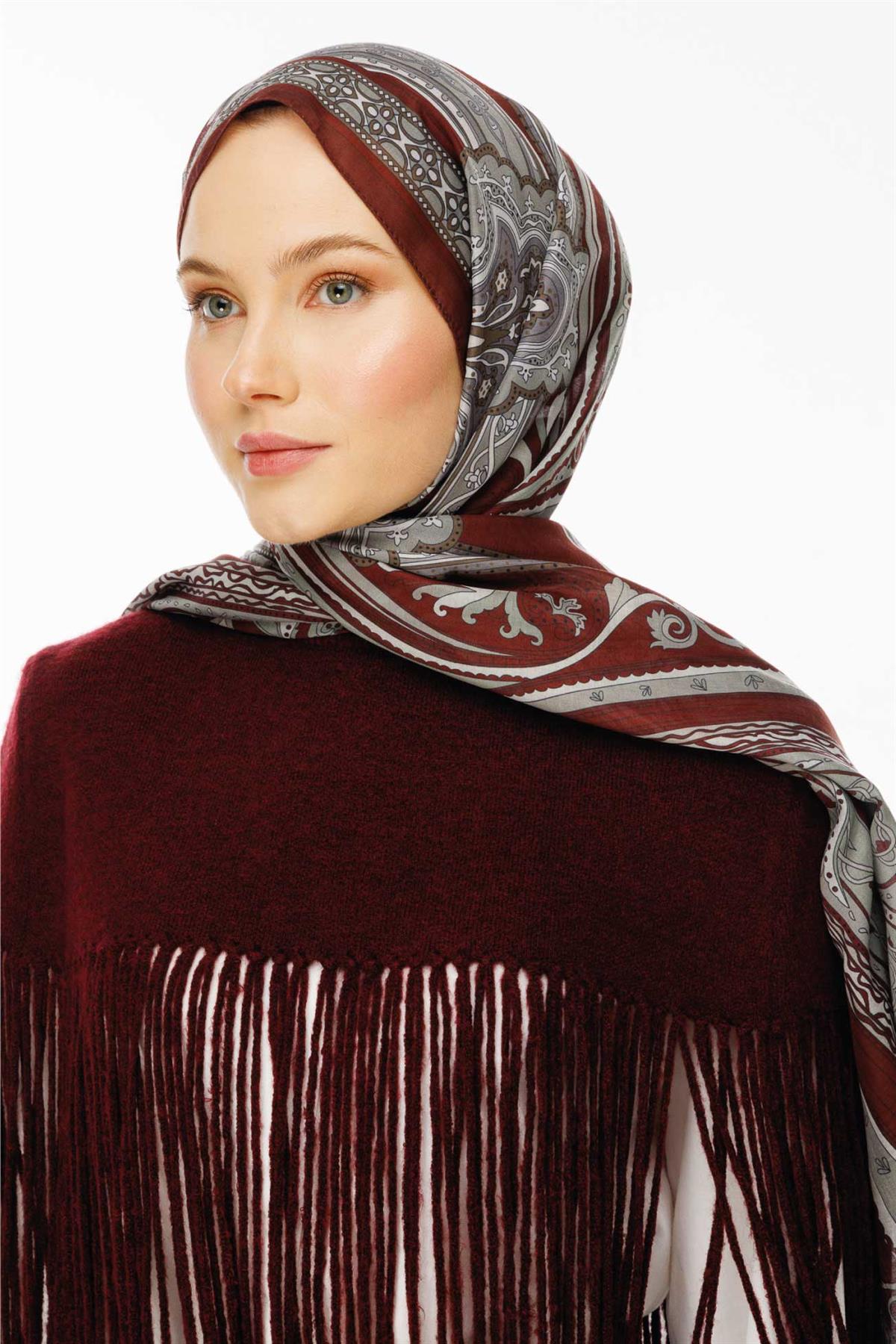 Valor Scarf Vintage Breeze Retro Desen Şal 2524-Kızıl Bordo