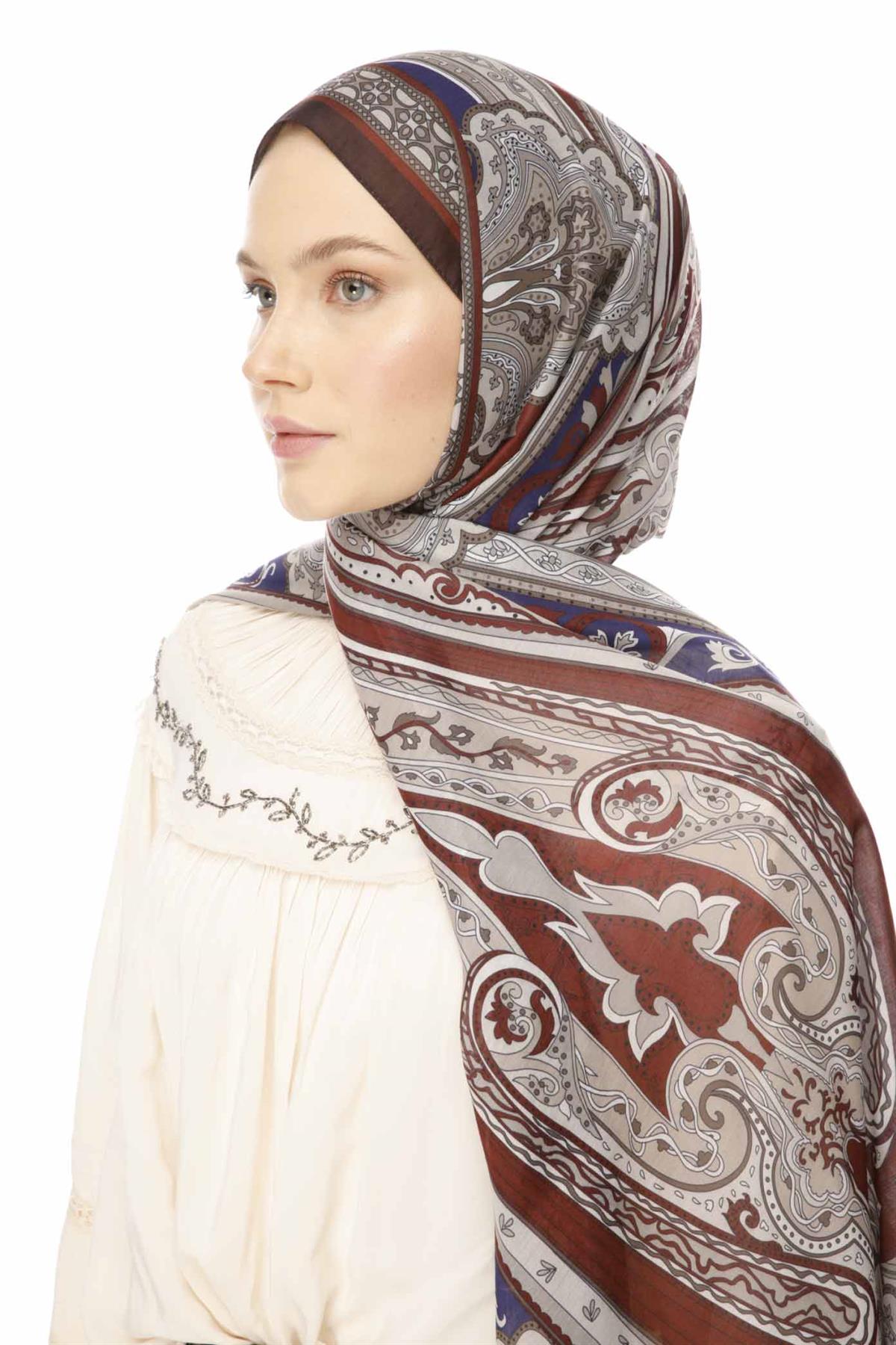 Valor Scarf Vintage Breeze Retro Desen Şal 2524-Bitter