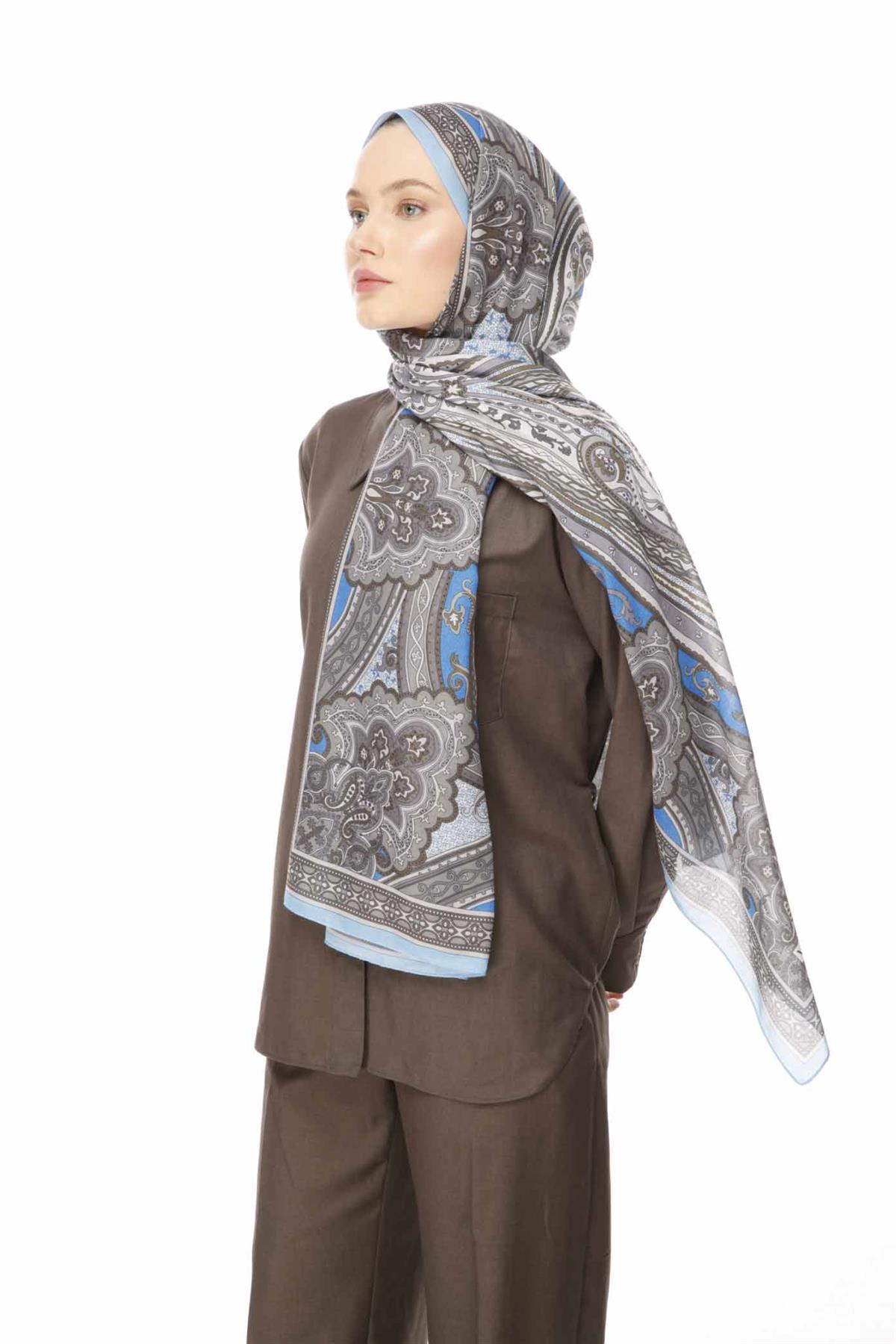 Valor Scarf Vintage Breeze Retro Desen Şal 2524-Buz Mavi