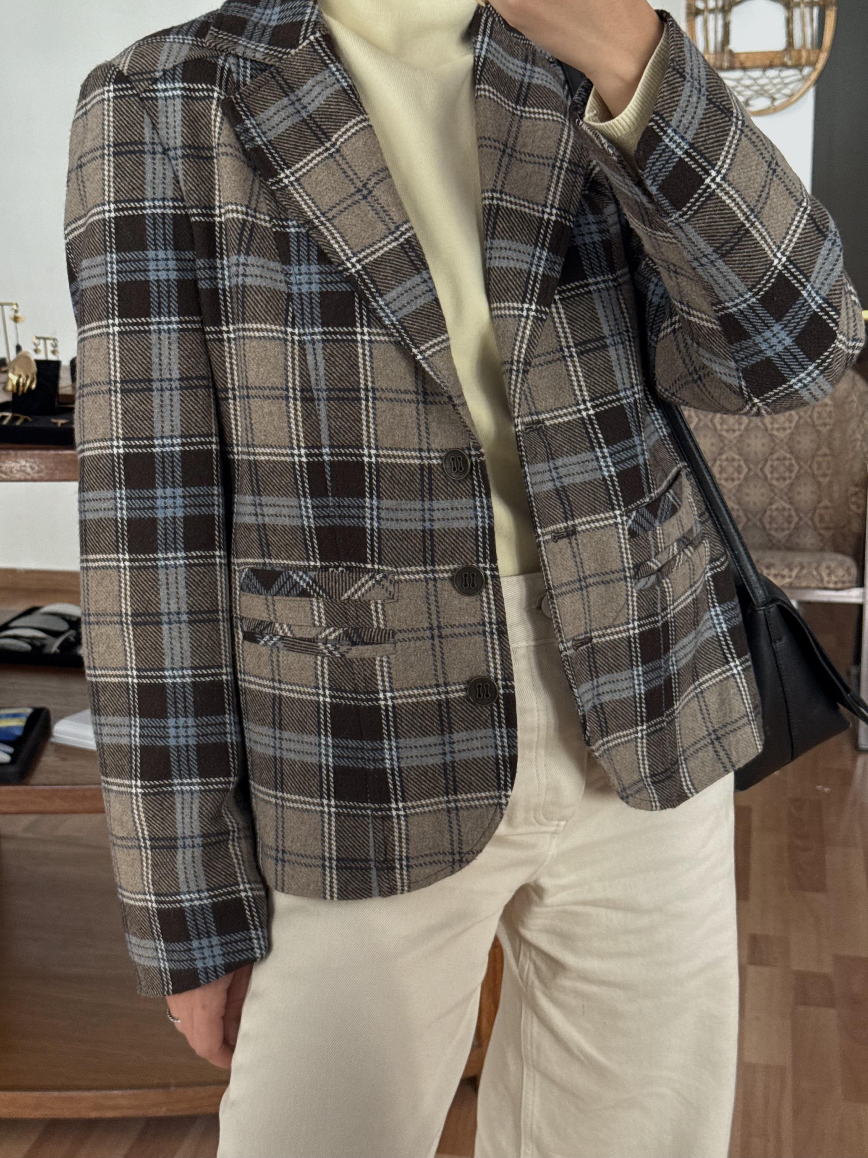 KAHVERENGİ-GRİ-MAVİ EKOSE BLAZER CEKET