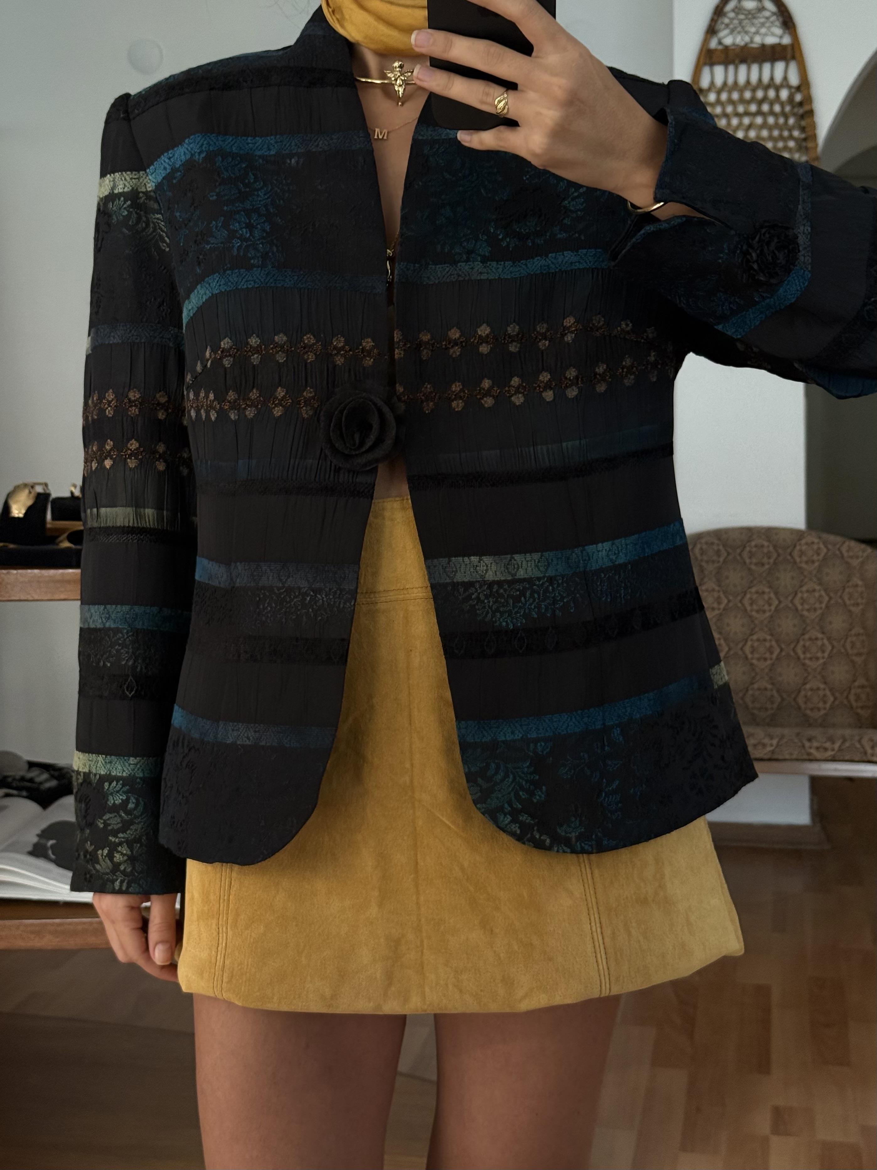 SİYAH-YEŞİL-LACİVERT JAKARLI BLAZER CEKET
