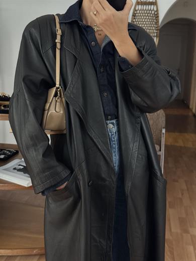 %100 DERİ SİYAH TRENÇKOT
