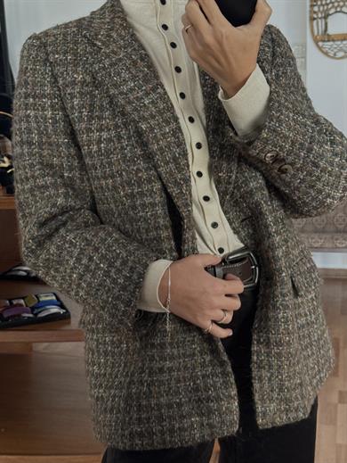 %100 YÜN KAHVE-YEŞİL TONLU BLAZER CEKET