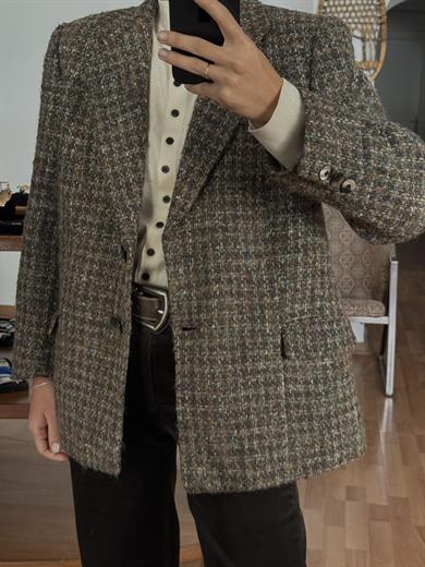 %100 YÜN KAHVE-YEŞİL TONLU BLAZER CEKET