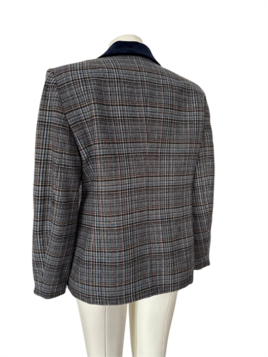 EKOSE DESENLİ LACİVERT KADİFE YAKA BLAZER CEKET