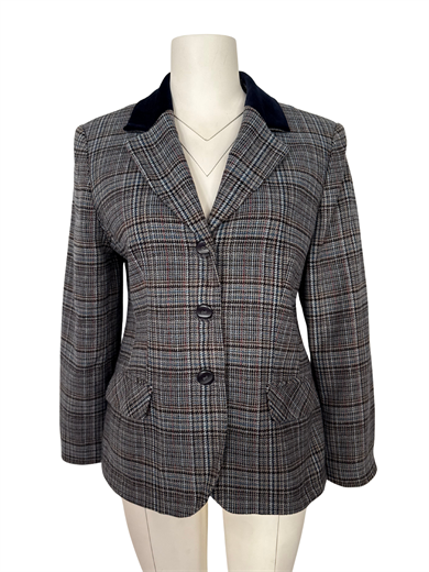 EKOSE DESENLİ LACİVERT KADİFE YAKA BLAZER CEKET