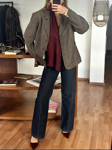KAHVERENGİ BALIKSIRTI DOKULU BLAZER CEKET