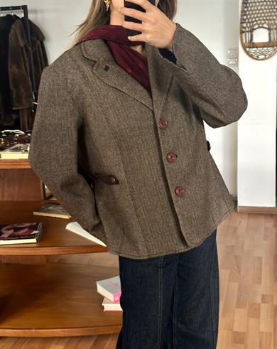 KAHVERENGİ BALIKSIRTI DOKULU BLAZER CEKET