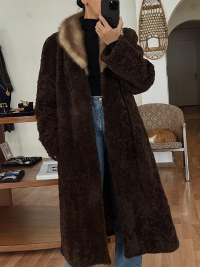SHEARLING KAHVERENGİ KÜRK YAKA PALTO