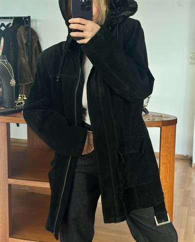 %100 DERİ SİYAH KAPÜŞONLU CEKET