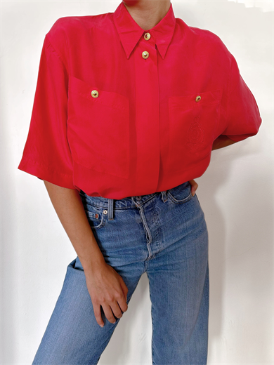 Vintage %100 İpek Kırmızı Gömlek