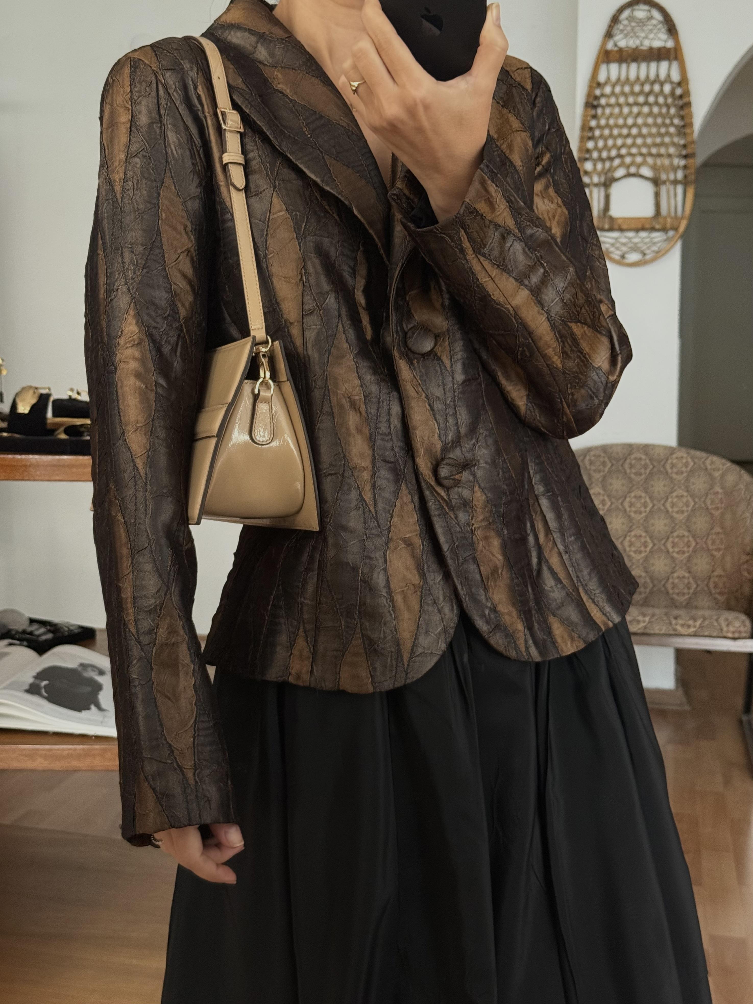 KAHVE-BRONZ SATEN KARIŞIMLI BLAZER CEKET