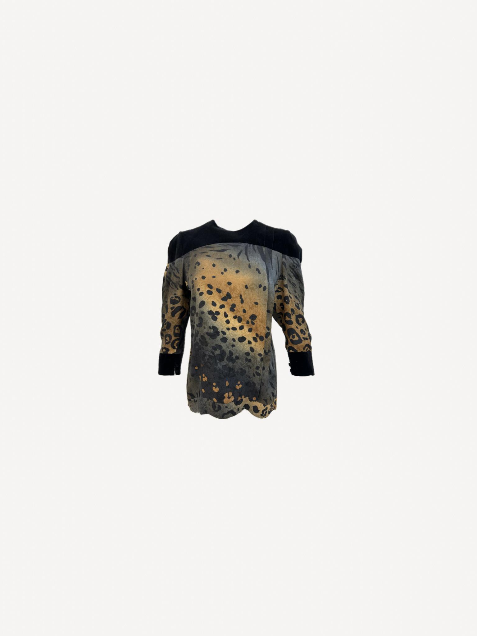 Siyah Kadife Leopar Desenli Vintage Gömlek 