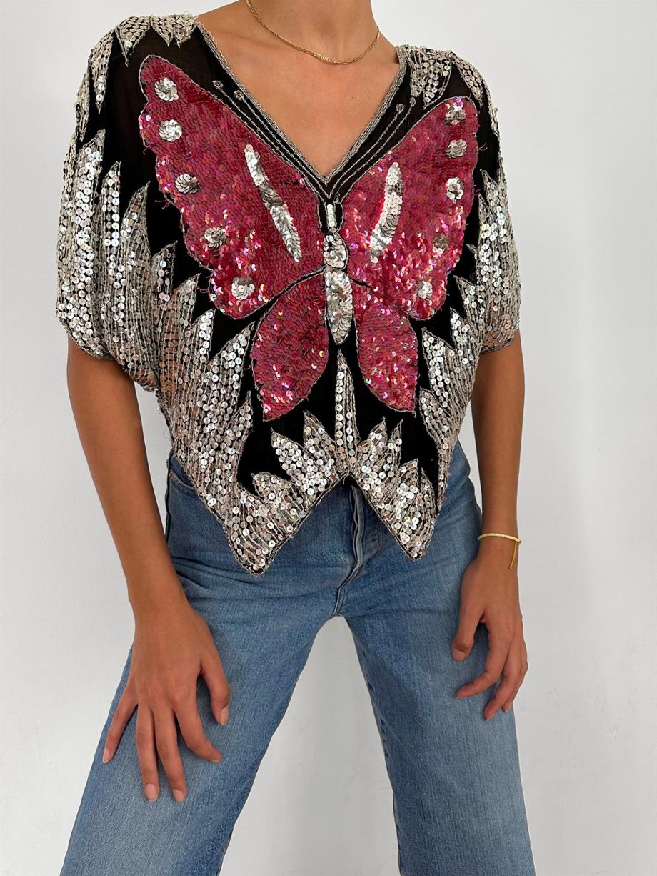 Vintage Handmade İşlemeli Butterfly Top 