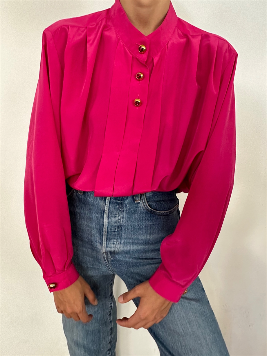 Vintage Pembe Kristal Düğmeli Gömlek