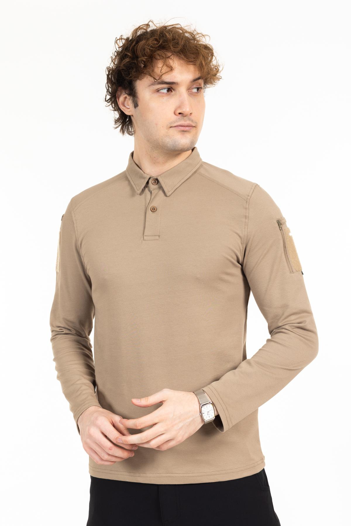 AKN 22013 POLO YAKA UZUN KOLLU TAKTİK T-SHIRT - BEJ