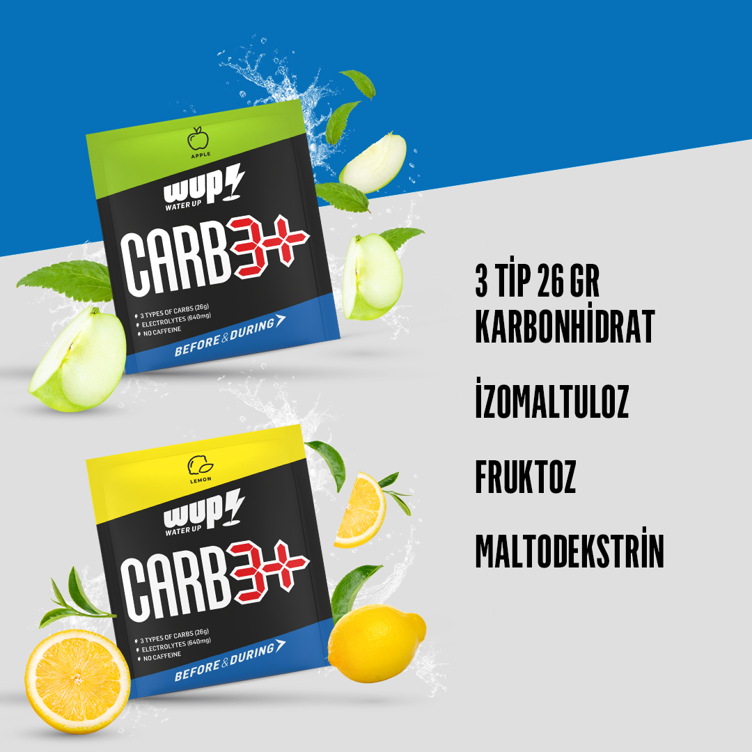 WUP Carb3+, 3 Tip Yüksek Karbonhidrat, Enerji ve Elektrolit, Düşük GI, Limon Aromalı, 24 Saşe