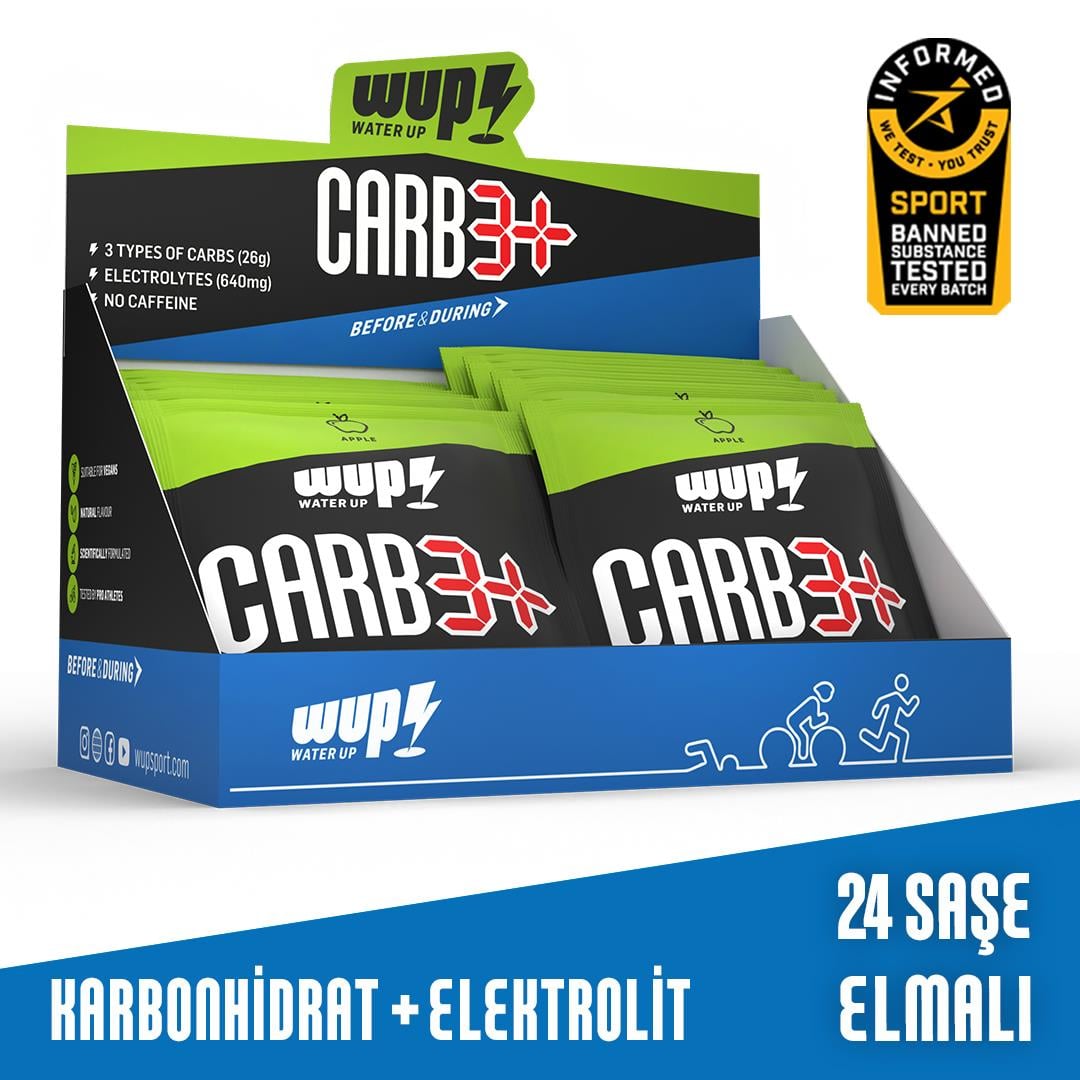 WUP Carb3+, 3 Tip Yüksek Karbonhidrat, Enerji ve Elektrolit, Düşük GI, Elma Aromalı, 24 Saşe