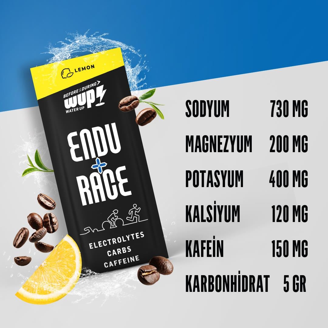 WUP Endu+Race, Yoğun Elektrolit, Kafeinli, Limon Aromalı, 15 Saşe Toz Efervesan