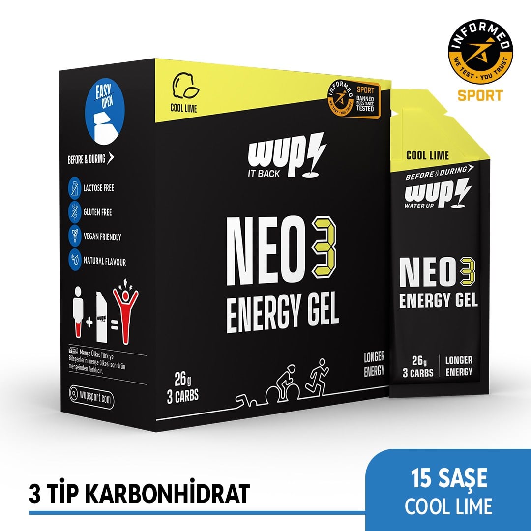 WUP NEO3 Enerji Jeli, 3 Tip Karbonhidrat, Dengeli GI, Cool Lime Aromalı, 15 Saşe 45 gr