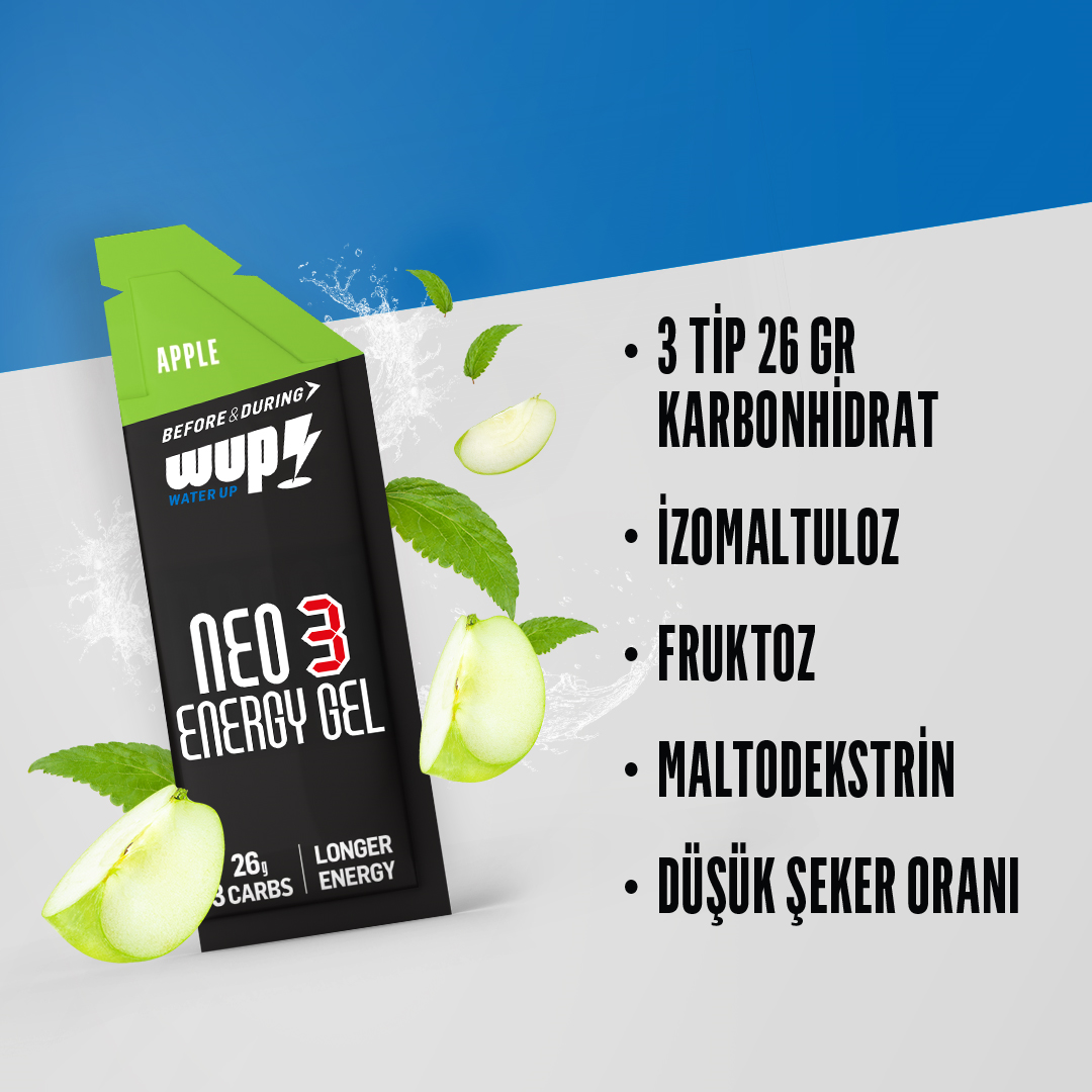 WUP NEO3 Enerji Jeli, 3 Tip Karbonhidrat, Düşük GI, Elma Aromalı, 14 Saşe 45 gr