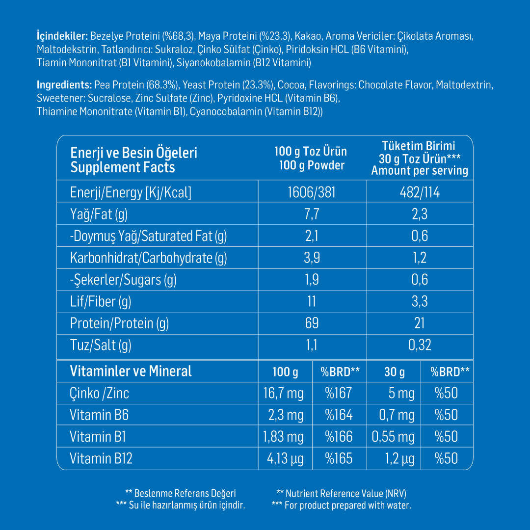 WUP Plant Protein, B1-B6-B12, Çinko, Yüksek Lif, Doğal Kakao, Çikolata, Bitkisel Protein, 600 gr 20 Servis