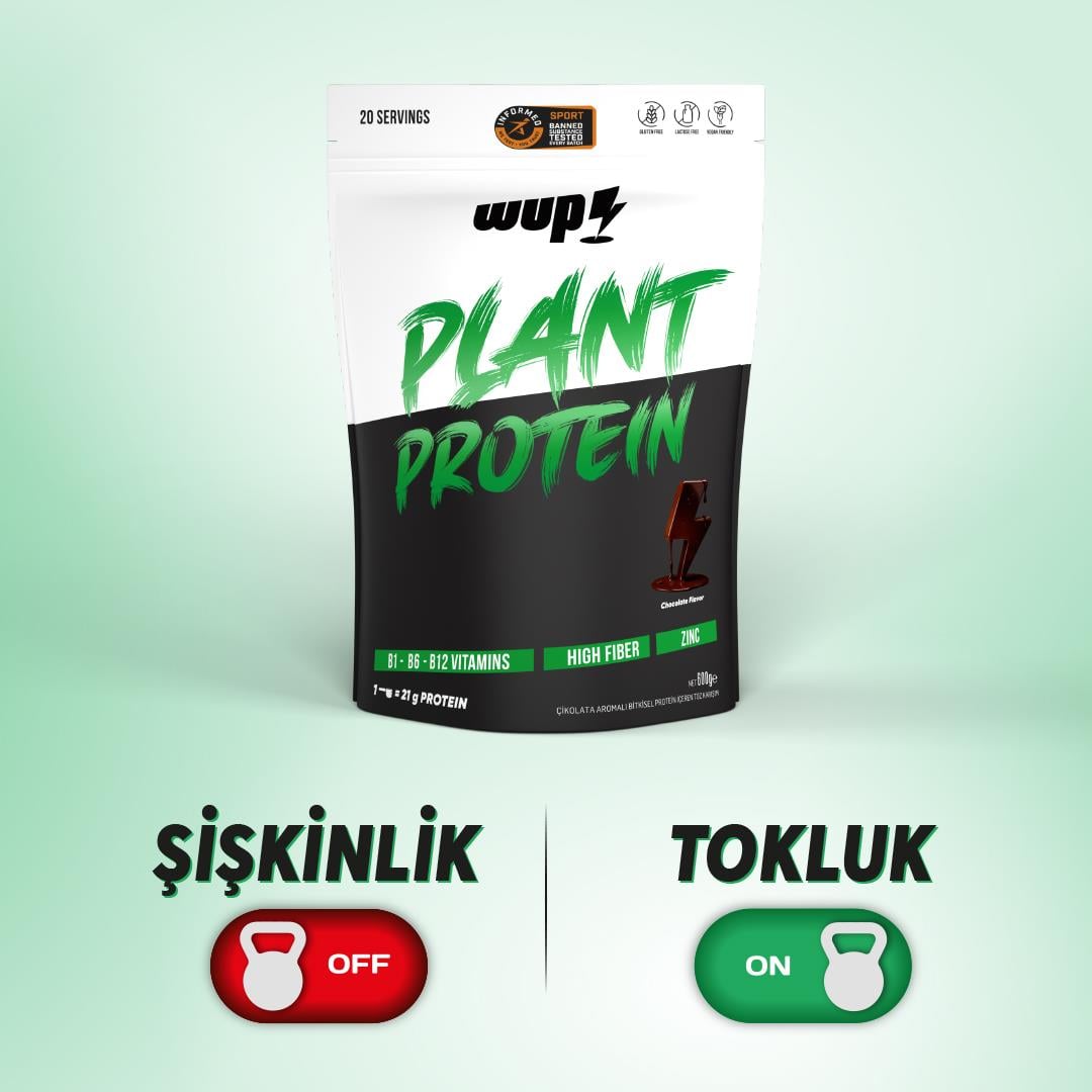 WUP Plant Protein, B1-B6-B12, Çinko, Yüksek Lif, Doğal Kakao, Çikolata, Bitkisel Protein, 600 gr 20 Servis