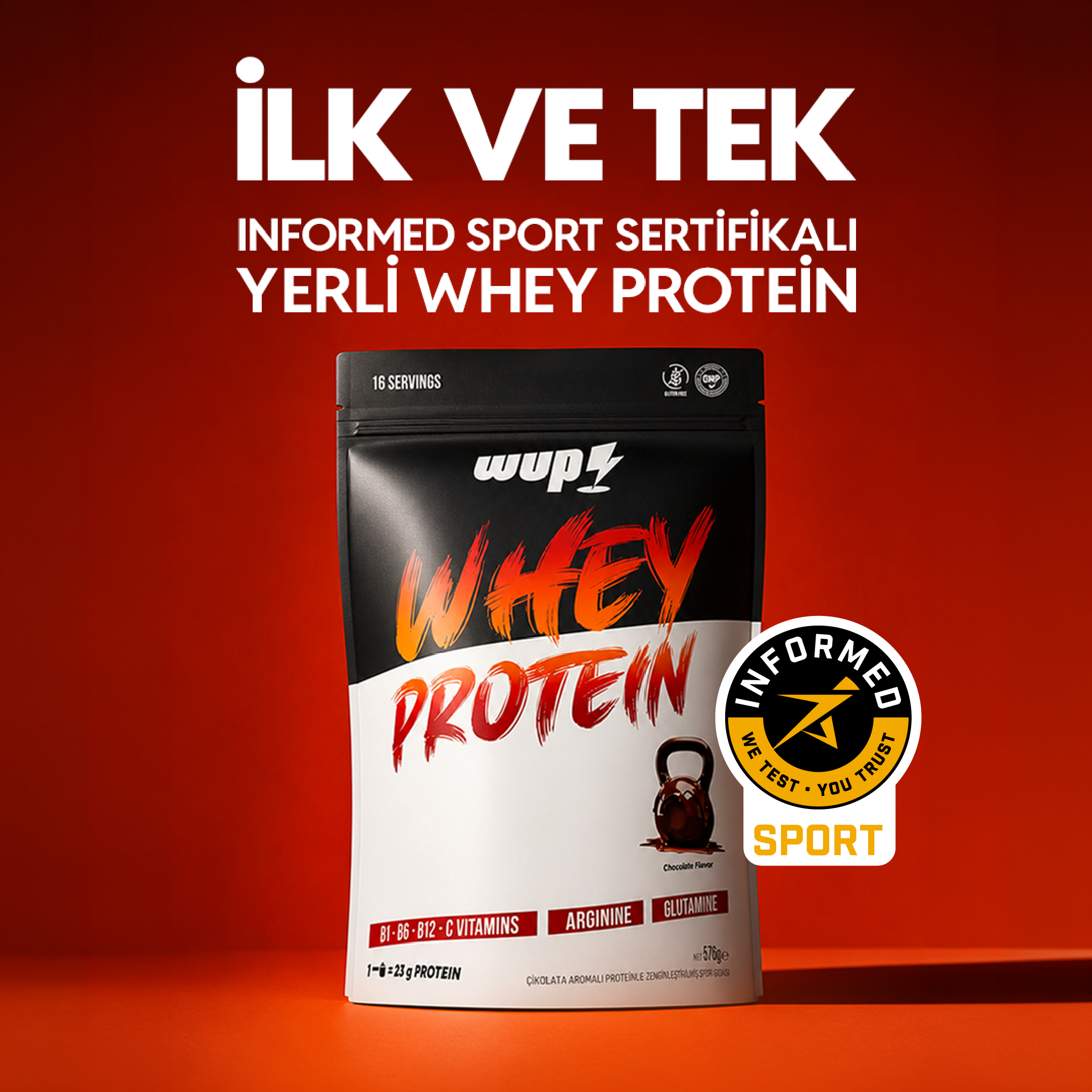 WUP Whey Protein, B1-B6-B12-C, Arjinin, Glutamin, Doğal Kakao, Çikolata, 576 gr 16 Servis