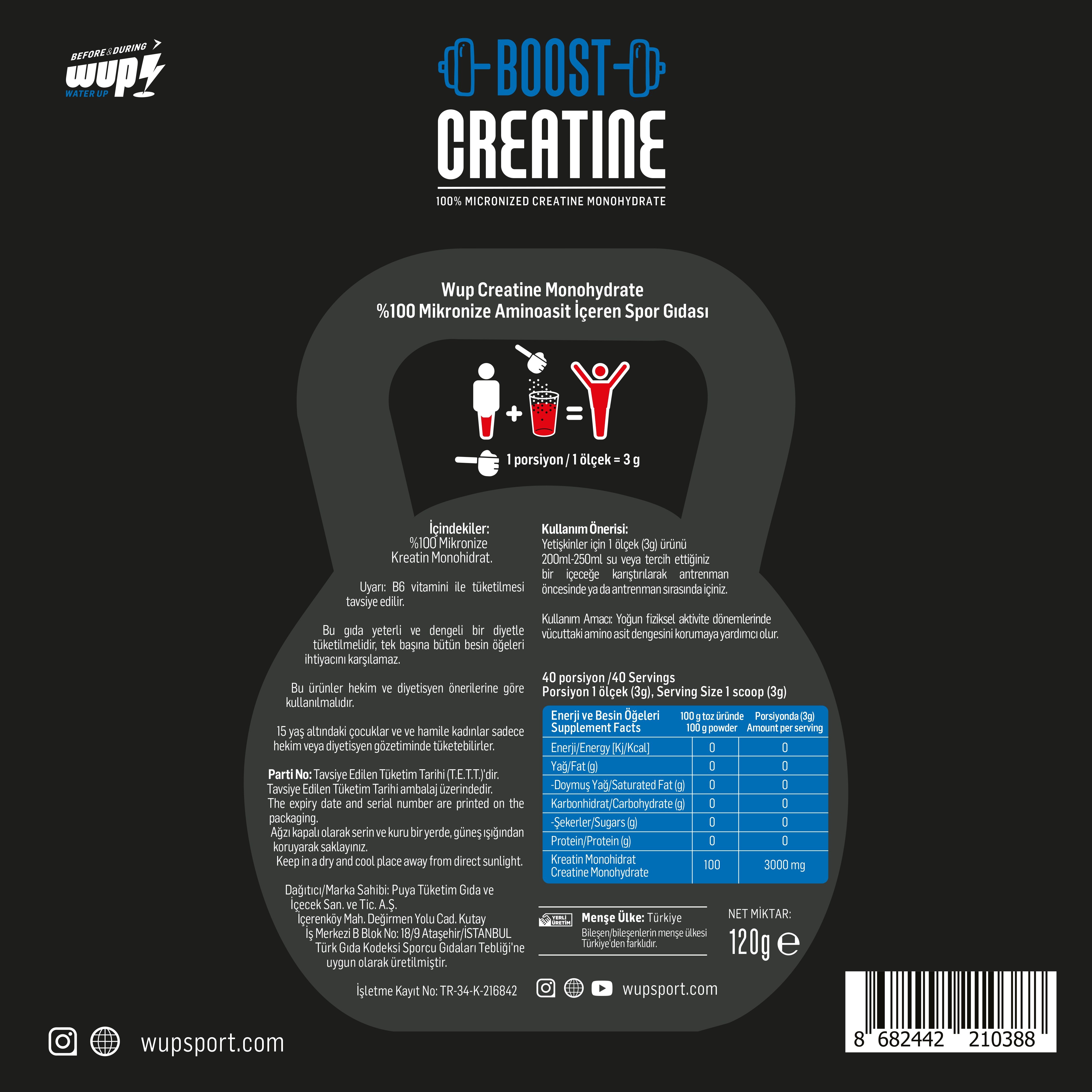 WUP Boost Creatine, 100% Micronized Creatine Monohydrate, 40 Servings, No Flavor