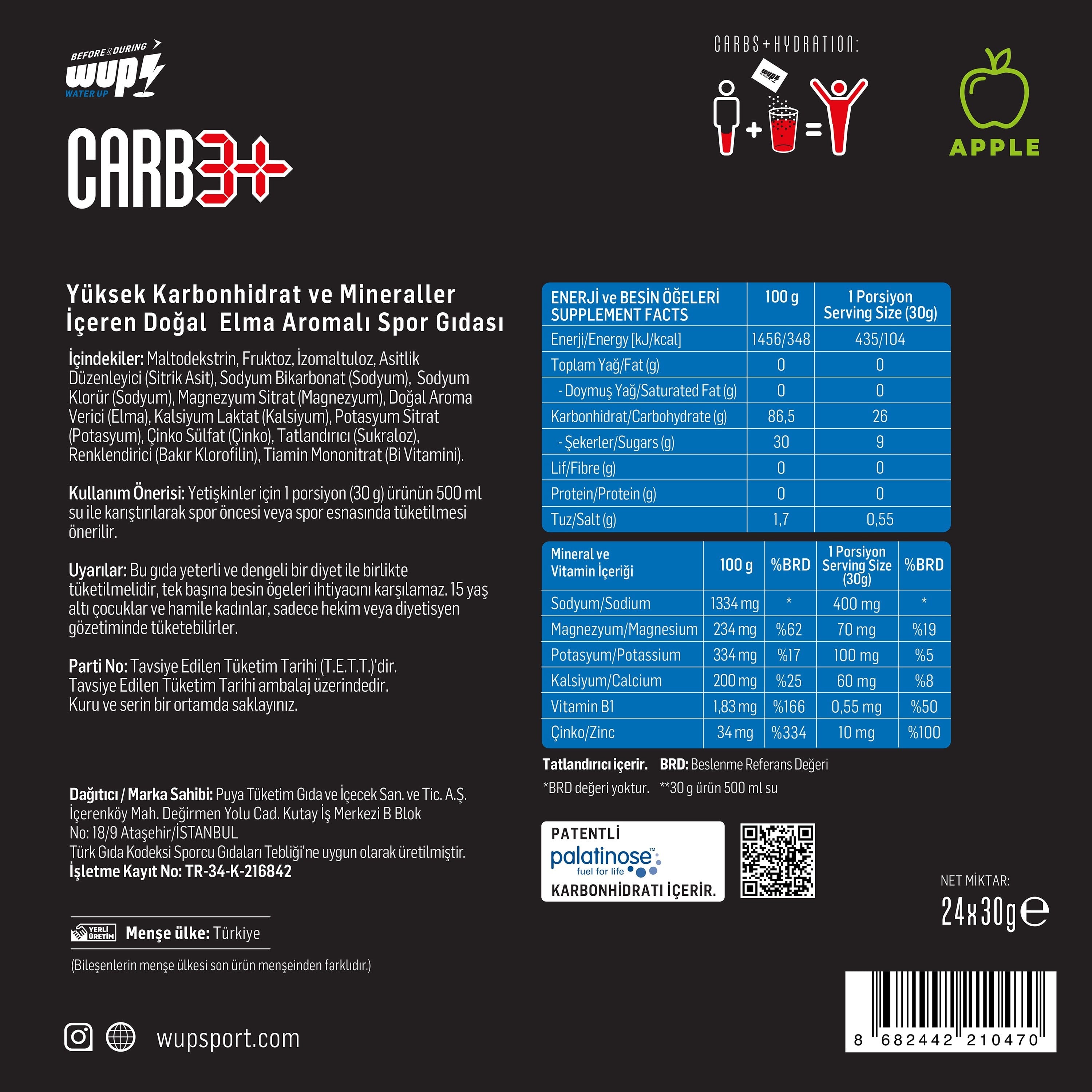 WUP Carb3+, 3 Type Carbohydrate, Electrolyte, Low GI, Apple Flavored, 24 Packs